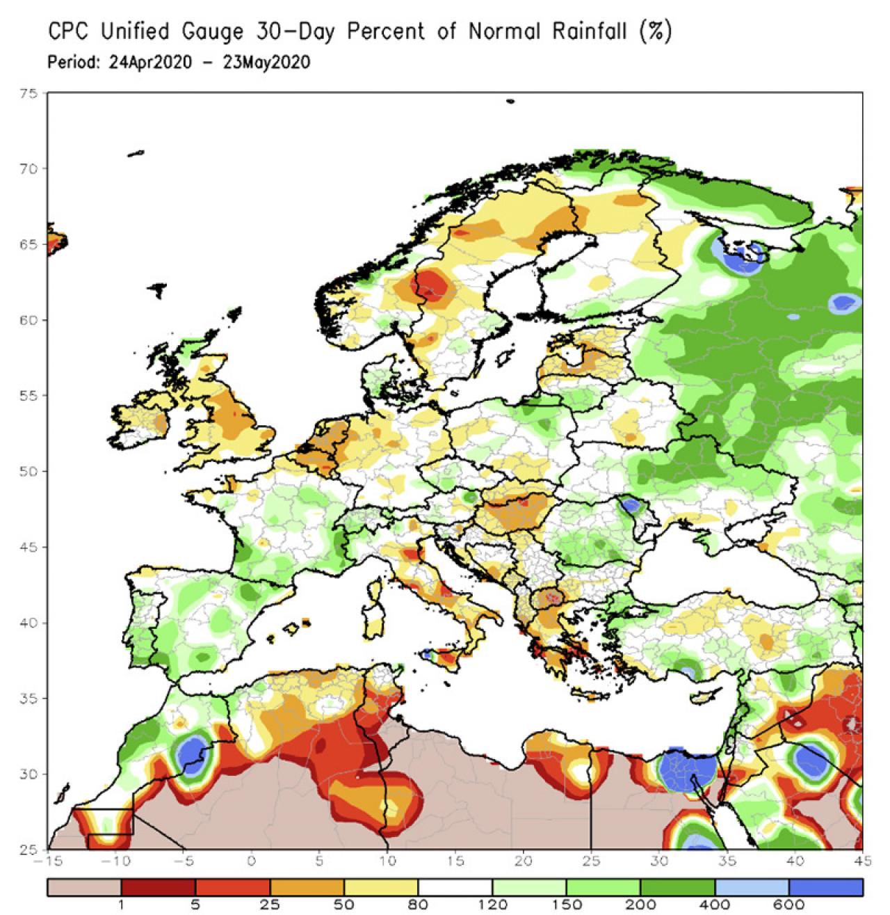 % precipitazioni ultimi 30 giorni in Europa