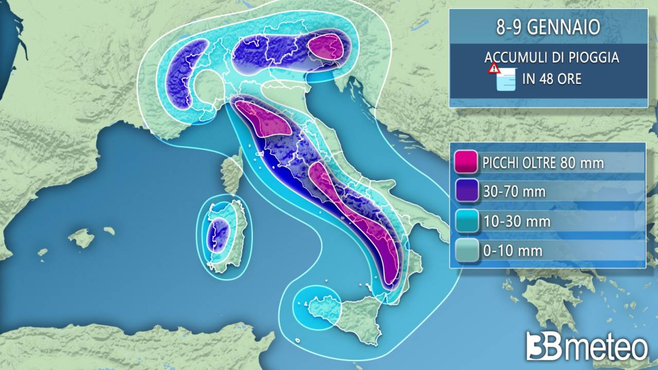 Accumuli pluviometrici 8-9 gennaio in Italia