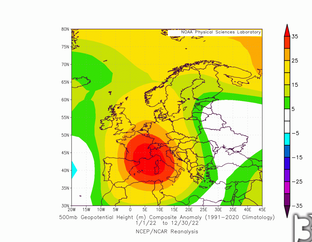 Anomalia di geopotenziale a 500hPa mediata sull'intero 2022. Forti segnali proprio tra Italia e ovest Europa. Fonte NOAA