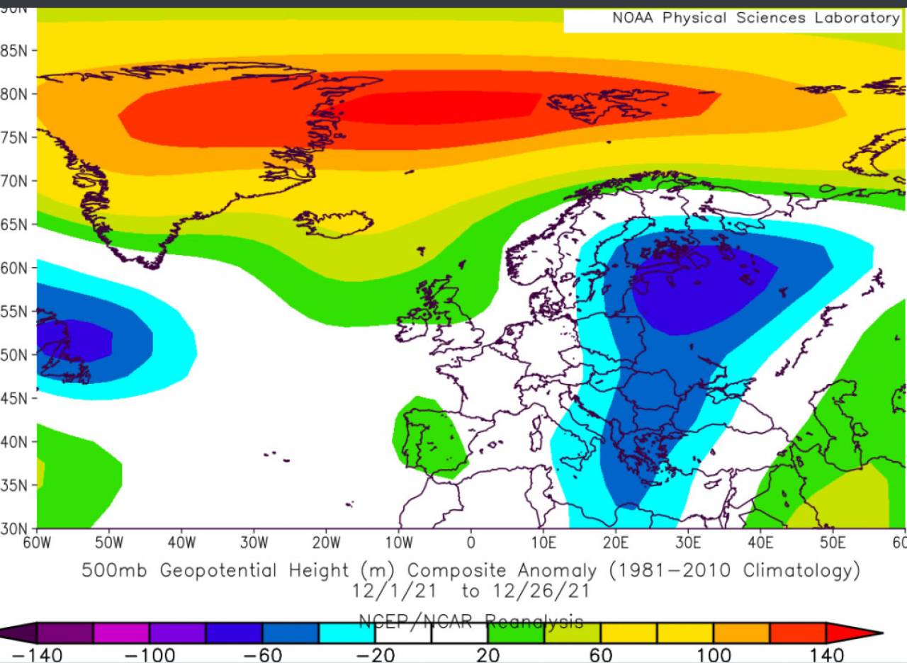 anomalie a 500 hPa dicembre 2021