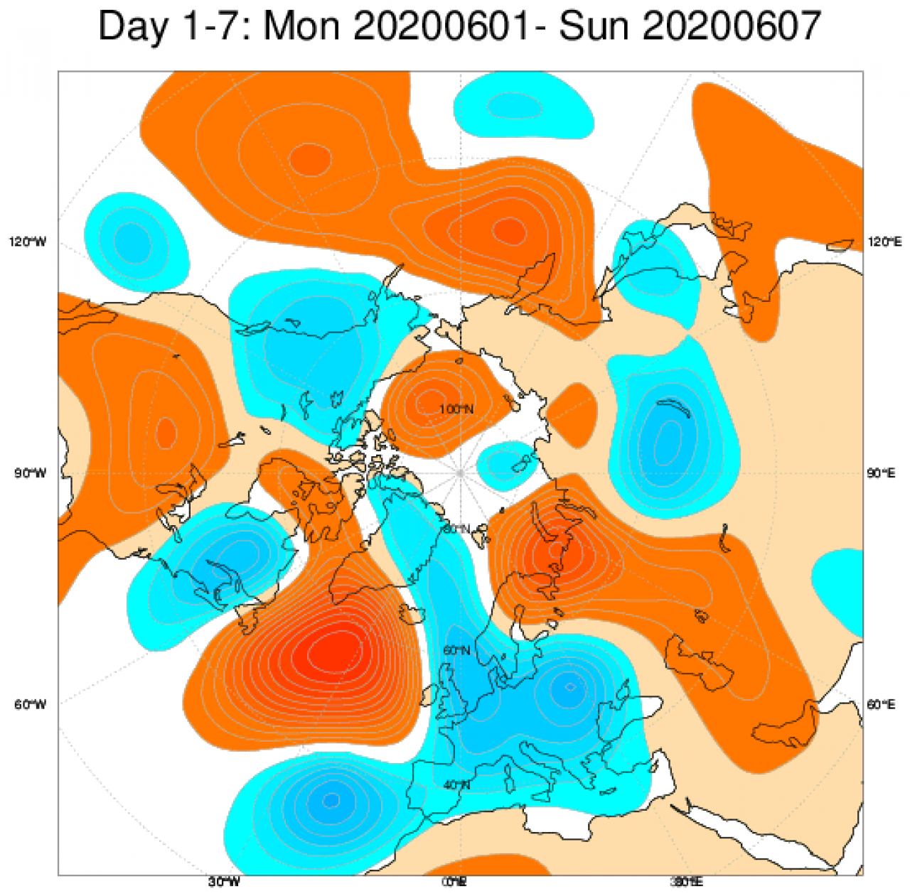 Anomalie di geopotenziale a 500hPa secondo il centro ECMWF mediate sul periodo 1-7 giugno