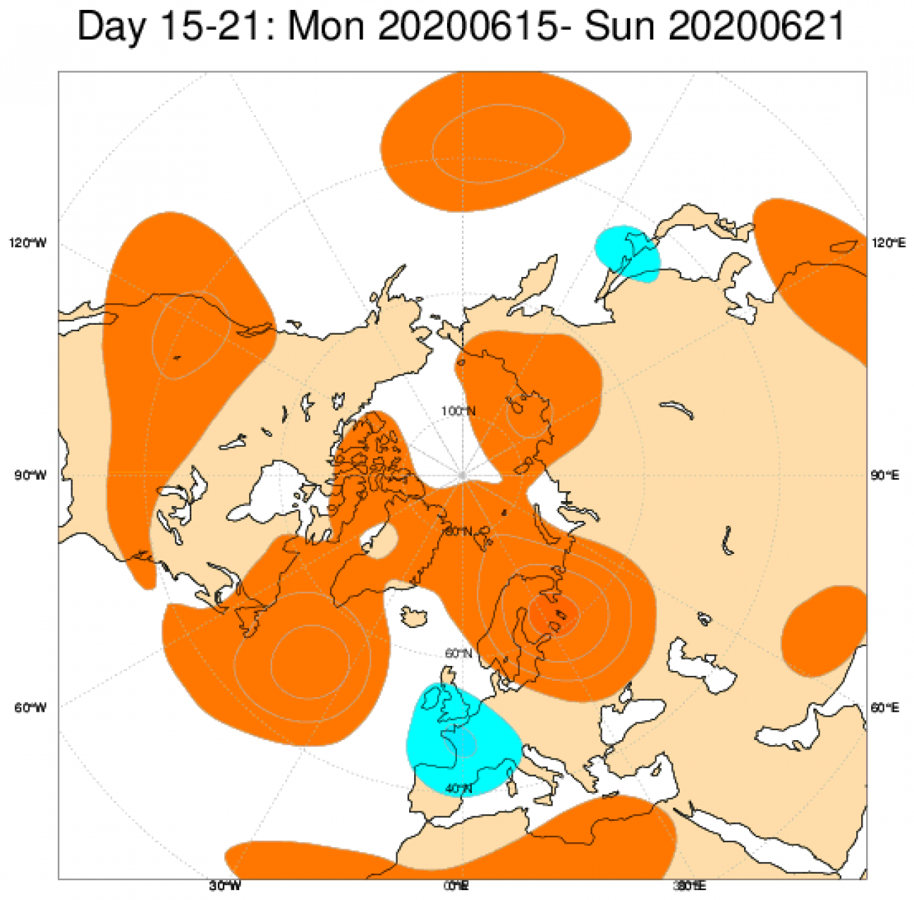  Anomalie di geopotenziale a 500hPa secondo il centro ECMWF mediate sul periodo 15-22 giugno 