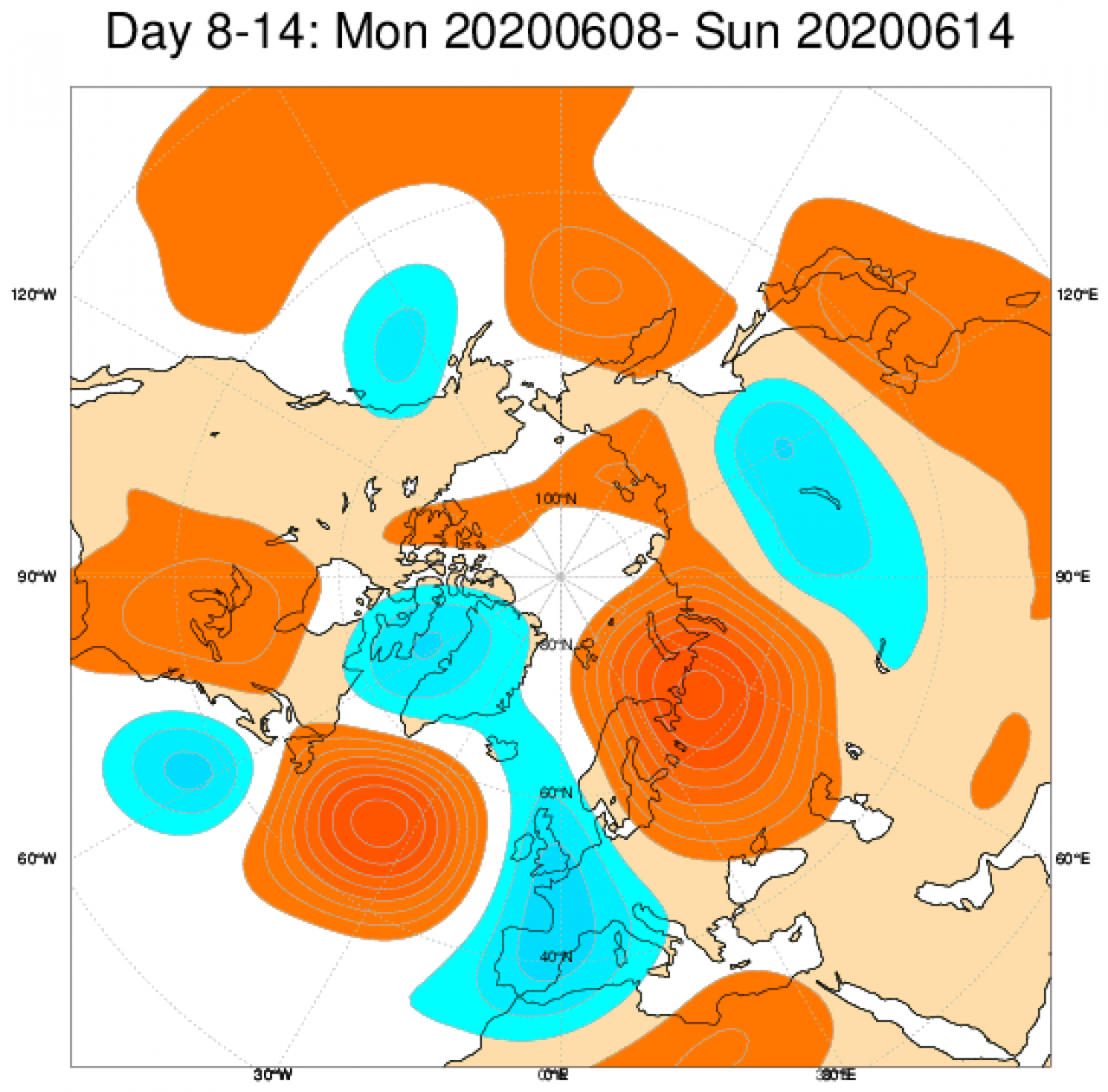 Anomalie di geopotenziale a 500hPa secondo il centro ECMWF mediate sul periodo 8-14 giugno