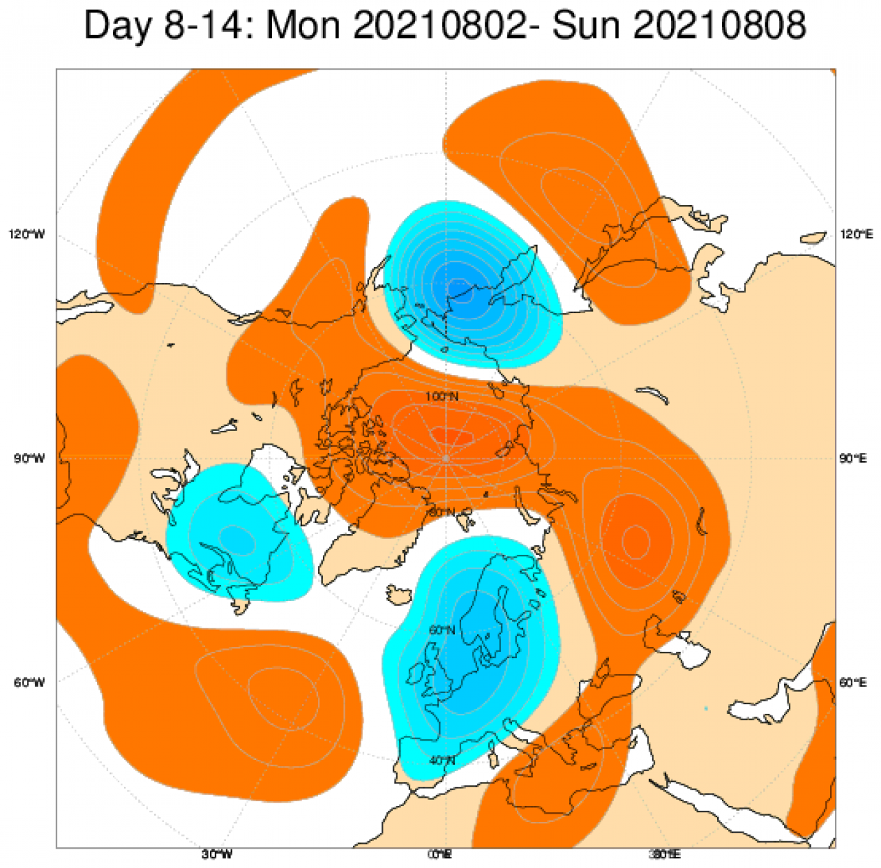 Anomalie di geopotenziale attese tra il 2 e l'8 agosto. Da ECMWF