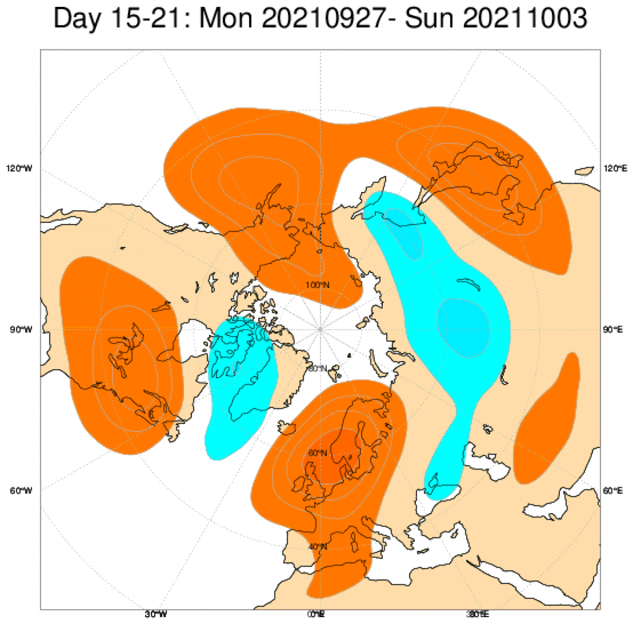 Anomalie di geopotenziale attese tra la fine di settembre e i primi giorni di ottobre nel piano isobarico di 500 hPa. Dal modello ECMWF.