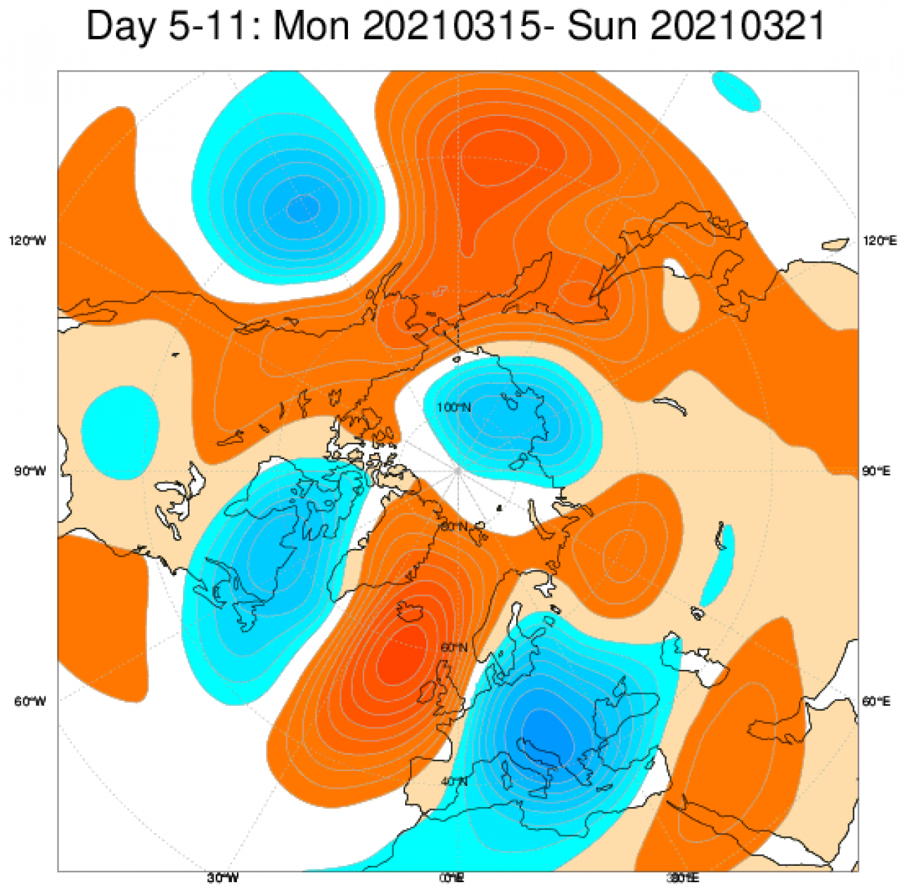 Anomalie di geopotenziale (in blu negative, in arancione positive) secondo il modello ECMWF mediate per il periodo 15-21 marzo