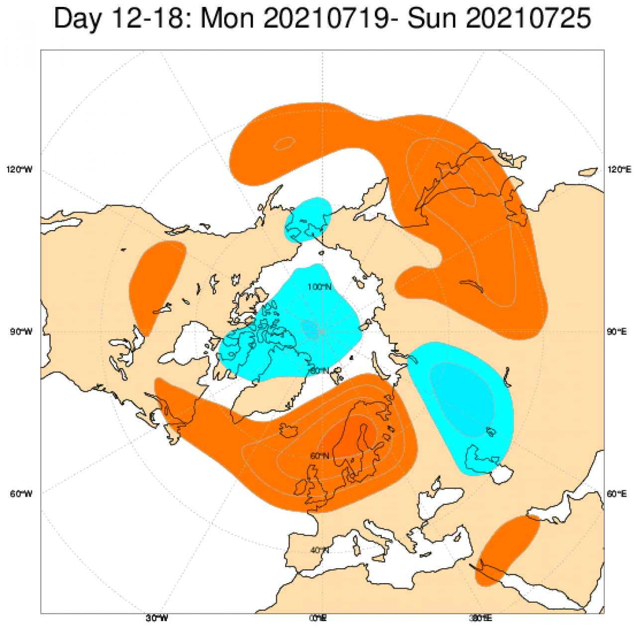 Anomalie di geopotenziale nel piano isobarico di 500 hPa attese dal modello ECMWF tra il 19 e il 25 luglio