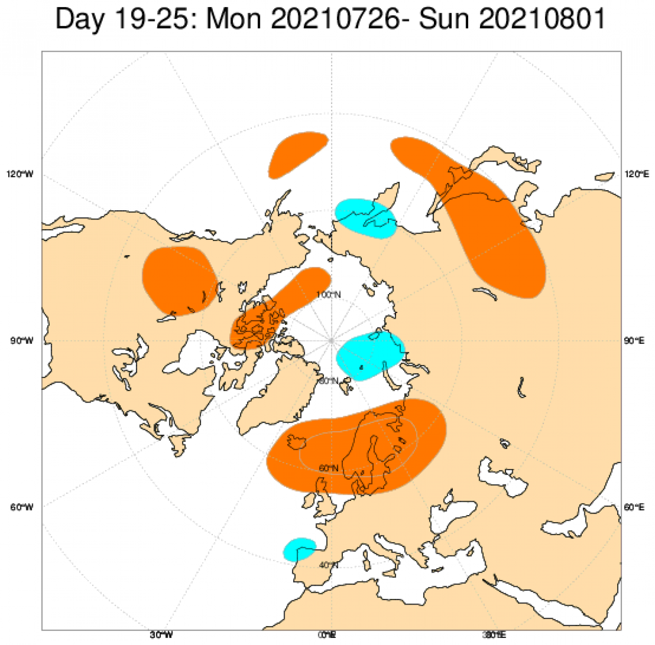 Anomalie di geopotenziale nel piano isobarico di 500 hPa attese dal modello ECMWF tra il 26 luglio e l'1 agosto