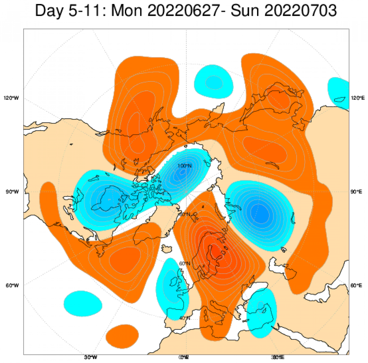 Anomalie di geopotenziale secondo il modello ECMWF mediate sul periodo 27 giugno - 3 luglio