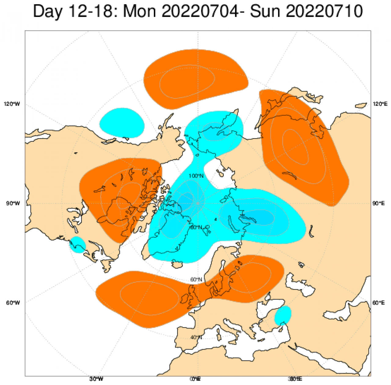 Anomalie di geopotenziale secondo il modello ECMWF mediate sul periodo 4 - 10 luglio