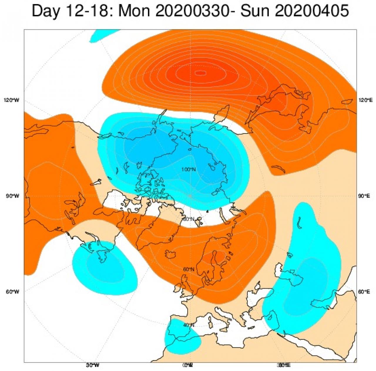  Anomalie di geopotenziale secondo il modello ECMWF per il periodo 30 marzo - 5 aprile