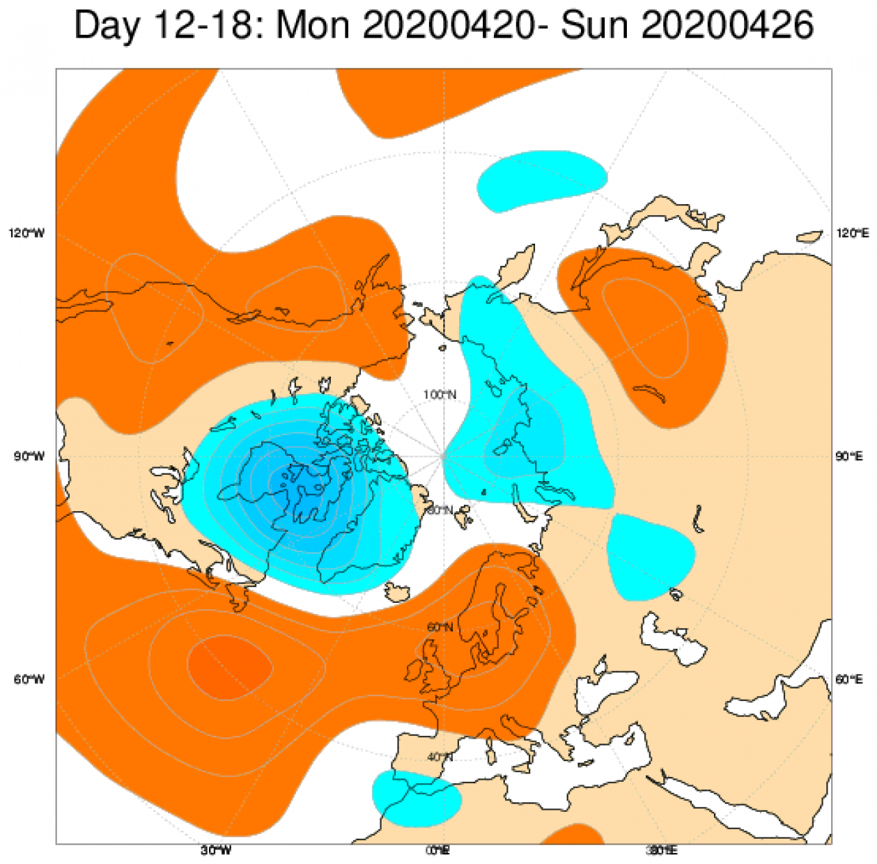 Anomalie di geopotenziali medie attese nel periodo 20-26 aprile secondo il modello ECMWF