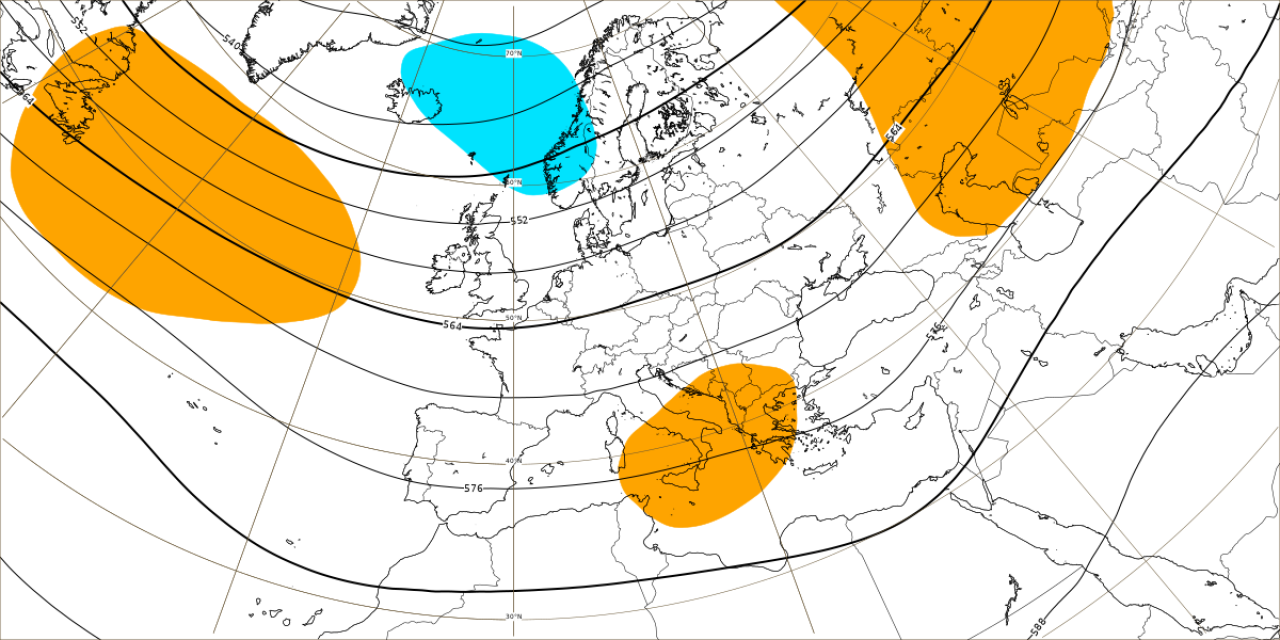 Anomalie di pressione e geopotenziali a 5500m circa elaborate dal modello ECMWF relative al periodo 16-23 ottobre. In arancione valori sopra la norma
