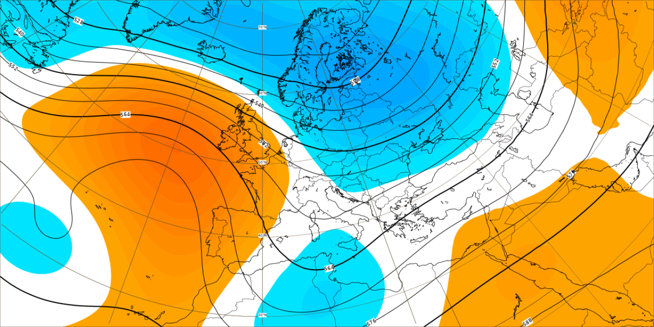 Anomalie di pressione e geopotenziali a 5500m circa elaborate dal modello ECMWF relative al periodo 20-27 novembre. In azzurro valori sotto media