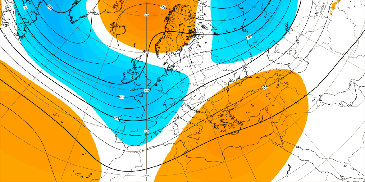 Anomalie di pressione e geopotenziali a 5500m circa elaborate dal modello ECMWF relative al periodo 23-30 ottobre. In azzurro valori sotto media