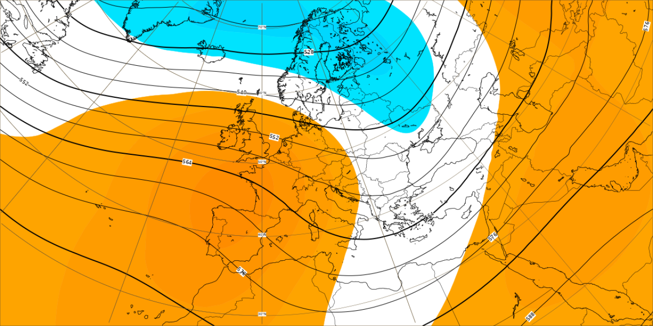 Anomalie di pressione e geopotenziali a 5500m circa elaborate dal modello ECMWF relative al periodo 27 novembre-4 dicembre. In azzurro valori sotto media