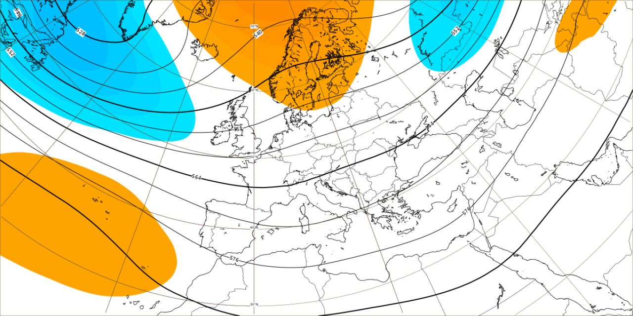 Anomalie di pressione e geopotenziali a 5500m circa elaborate dal modello ECMWF relative al periodo 30 ottobre-6 novembre. In azzurro valori sotto media