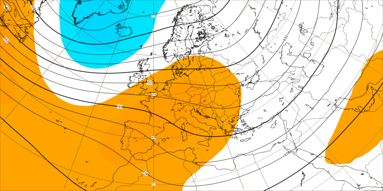 Anomalie di pressione e geopotenziali a 5500m circa elaborate dal modello ECMWF relative al periodo 4-11 dicembre. In azzurro valori sotto media