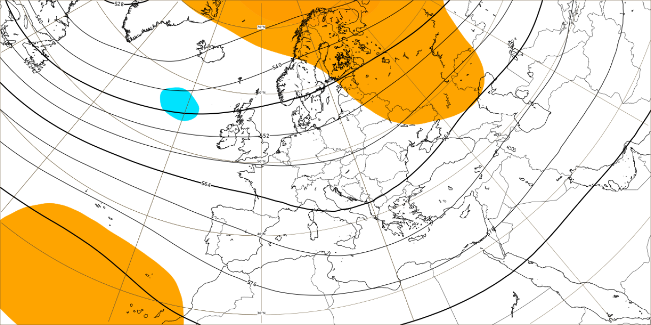 Anomalie di pressione e geopotenziali a 5500m circa elaborate dal modello ECMWF relative al periodo 6-13 novembre. In azzurro valori sotto media