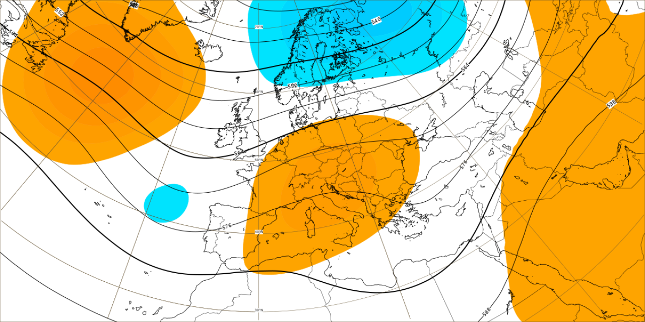 Anomalie di pressione e geopotenziali a 5500m circa elaborate dal modello ECMWF relative al periodo 9-16 ottobre. In arancione valori sopra la norma