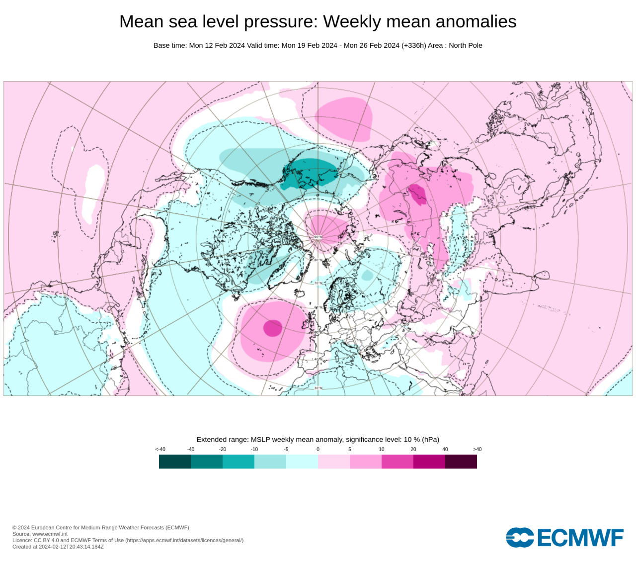 Anomalie di pressione per fine febbraio - fonte Ecmwf