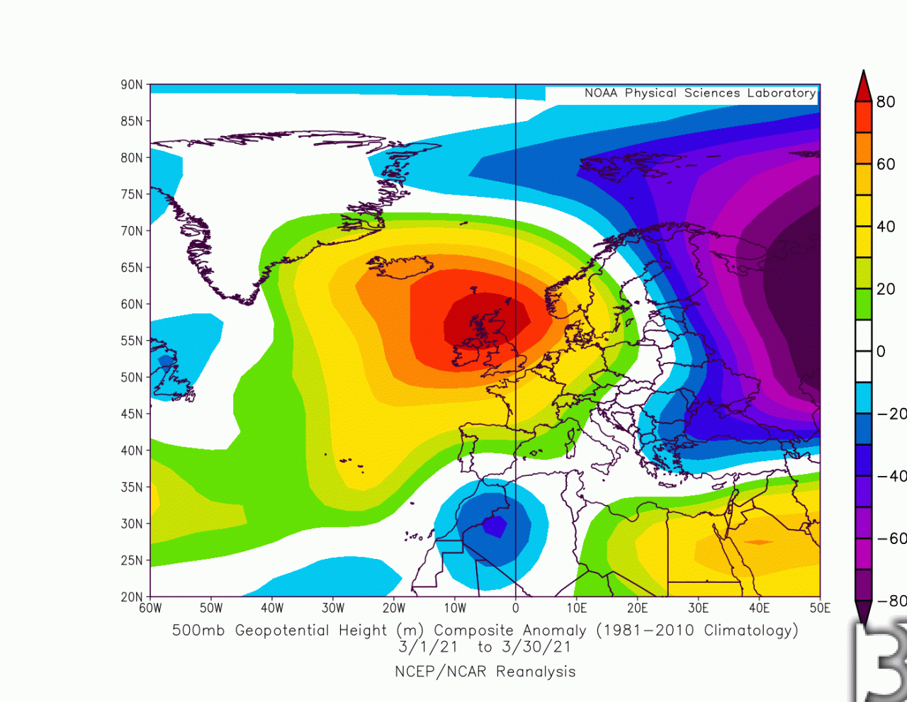 anomalie geopotenziale a 500 hPa in marzo, reanalisi