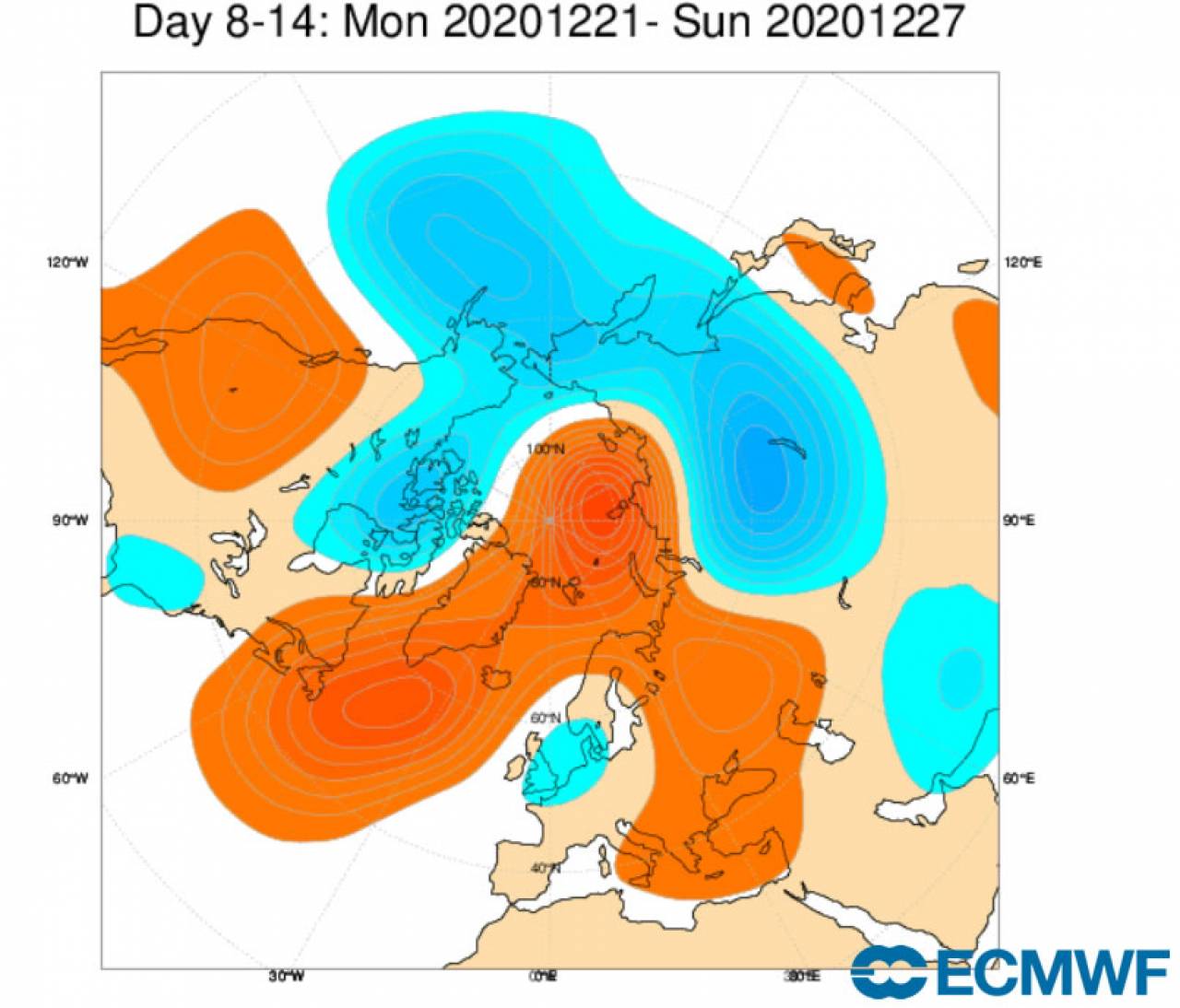 anomalie geopotenziale a 500 hPa secondo ecmwf per fine dicembre 