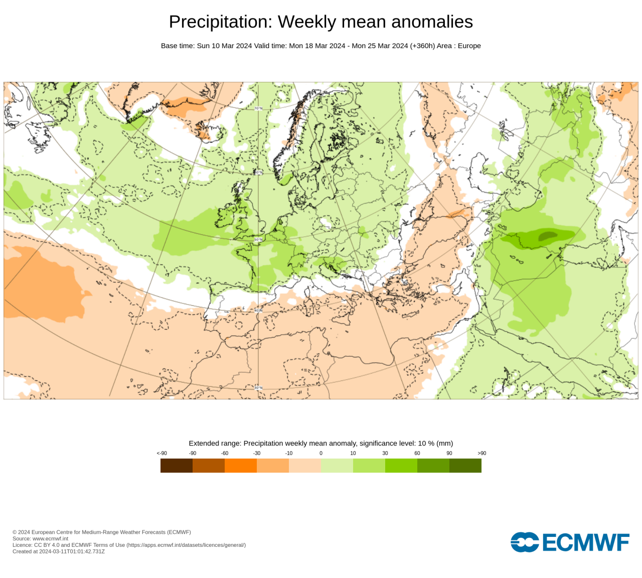 anomalie precipitazioni secondo Ecmwf