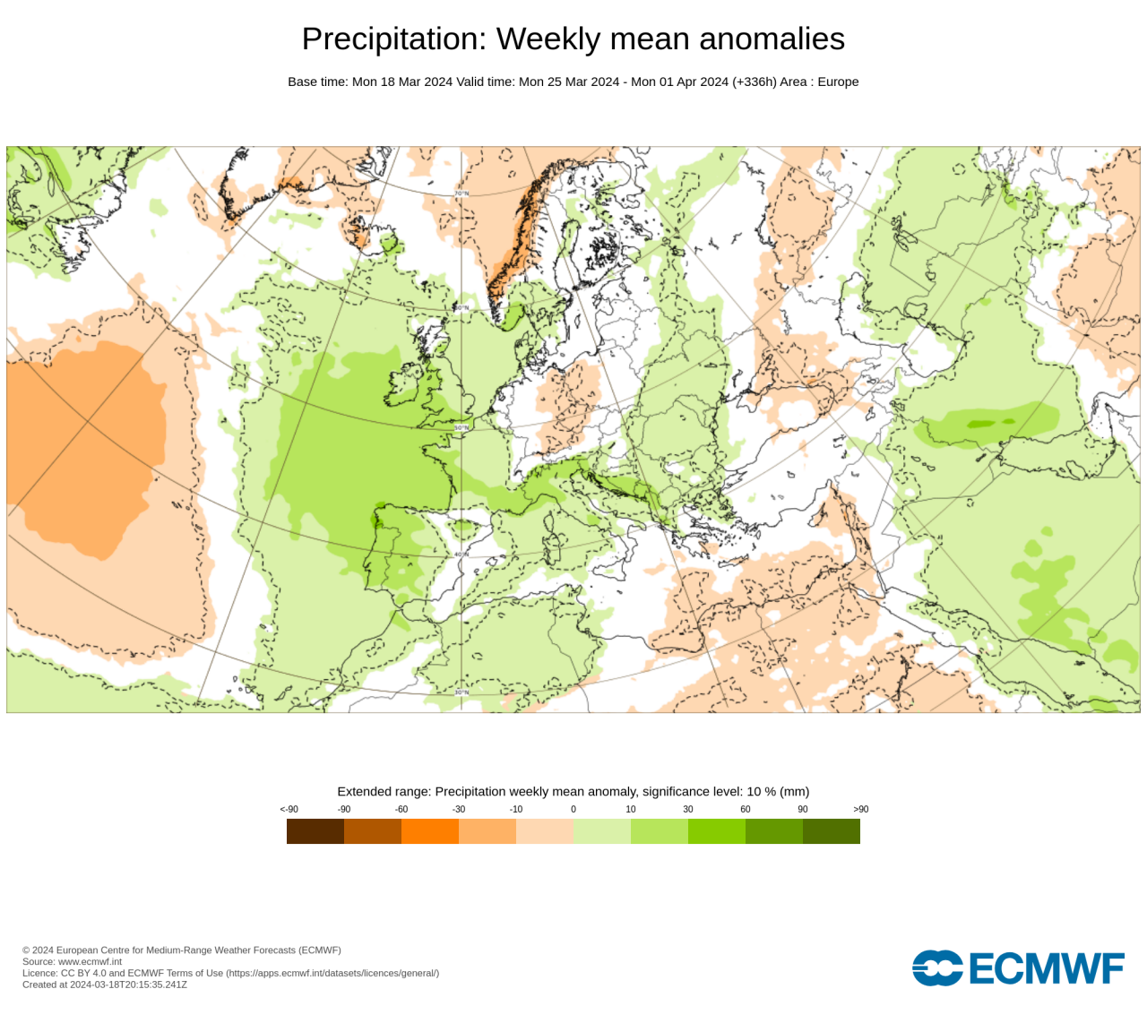 anomalie precipitazioni secondo Ecmwf nella Settimana Santa