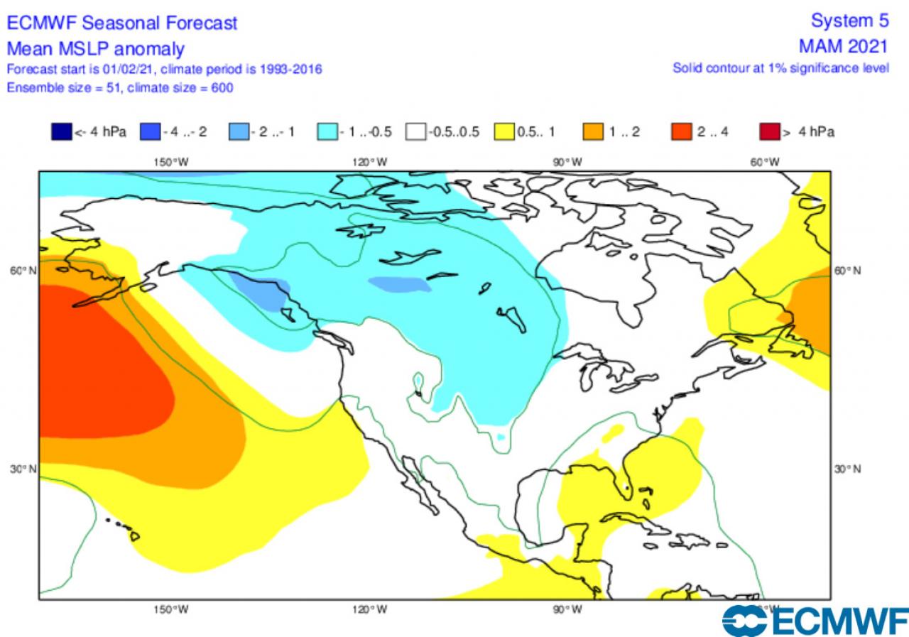 anomalie pressione marzo-maggio secondo ecmwf