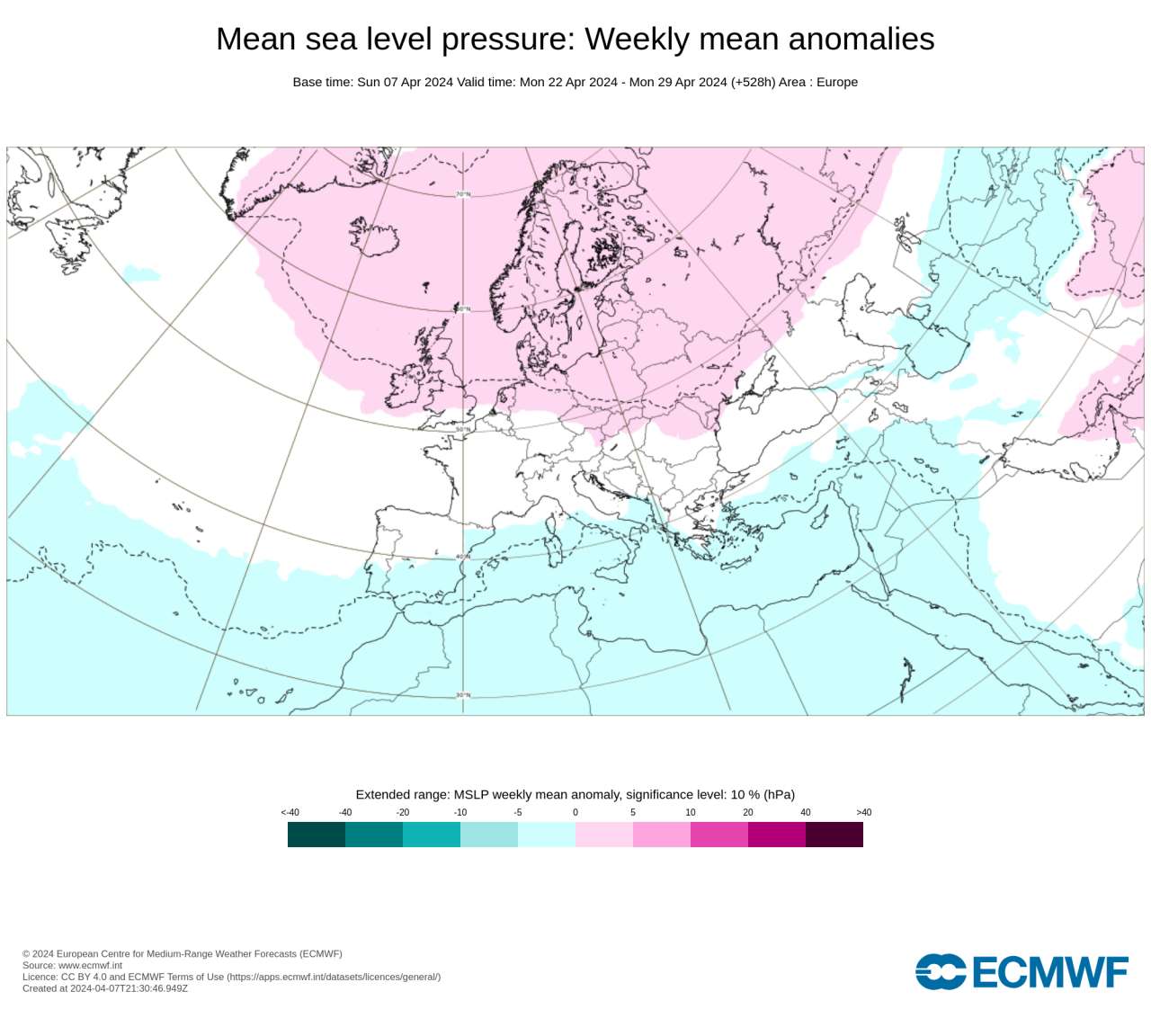 anomalie pressione secondo ecmwf per l'ultima settimana di aprile