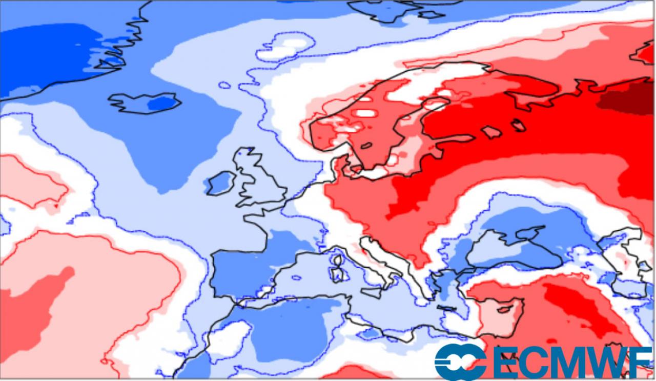 anomalie temperatura a 2m secondo ecmwf nel periodo 10-16 maggio
