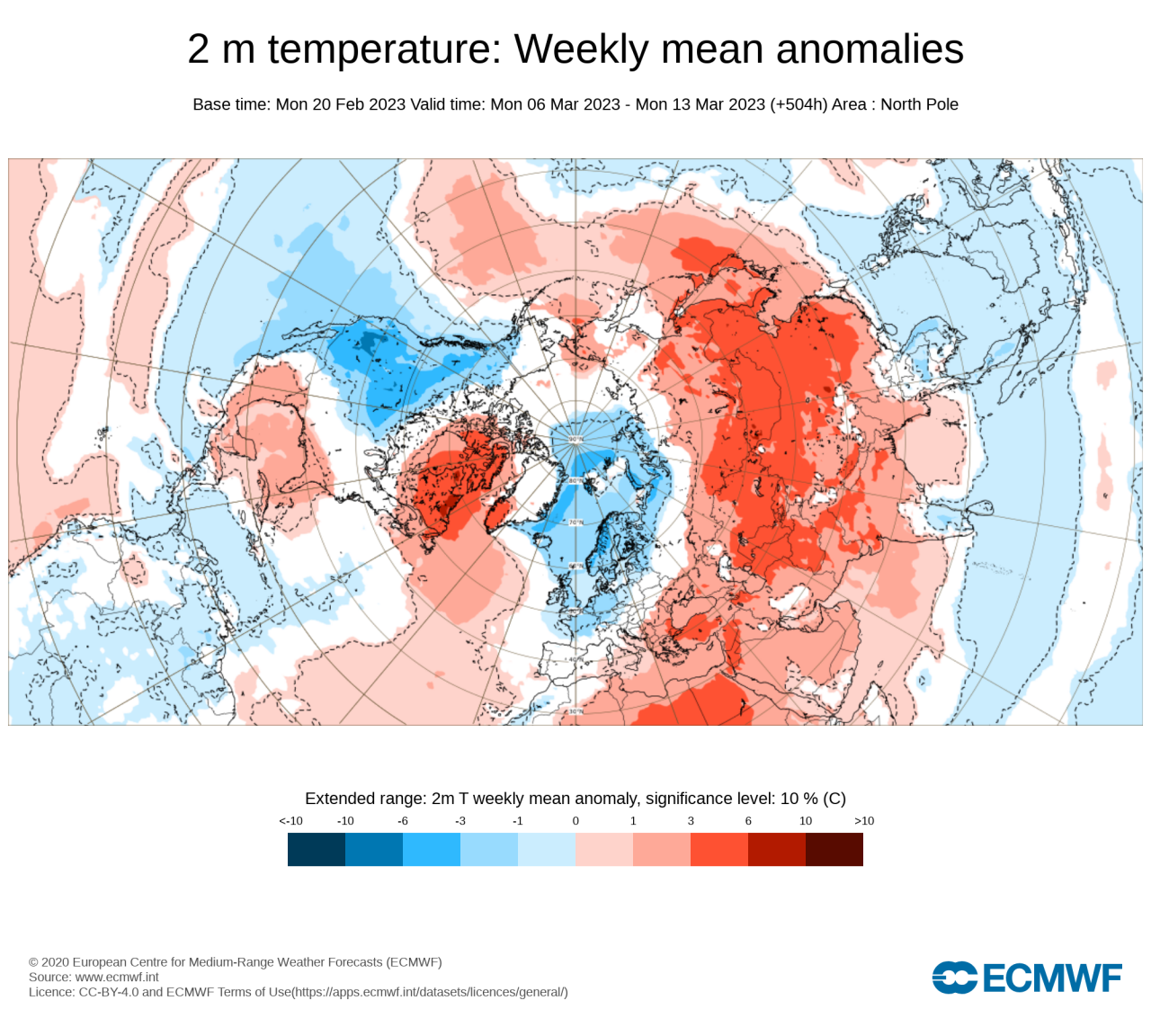 anomalie temperature a 2m attese in marzo, fonte Ecmwf