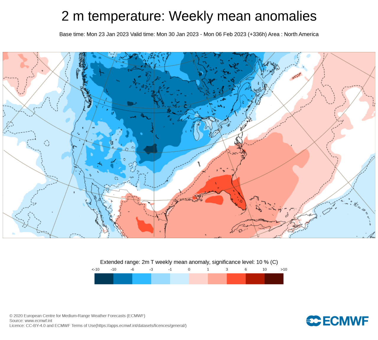 anomalie temperature attese sul Nord America - fonte Ecmwf