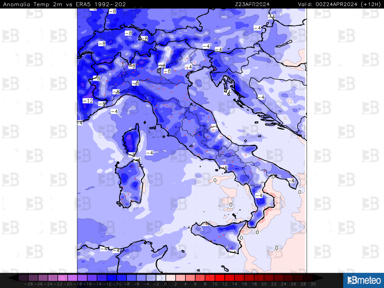 Anomalie termiche a 2 metri in Italia