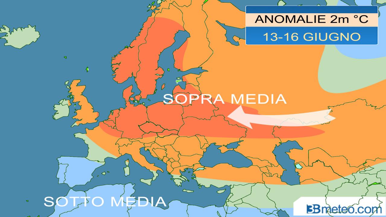 anomalie termiche attese a metà giugno in Europa
