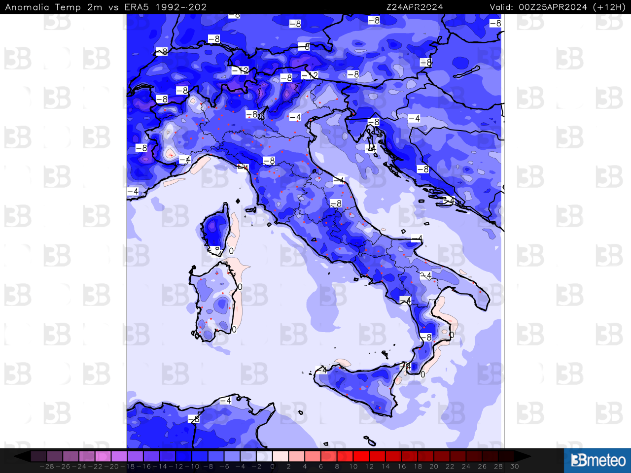 Anomalie termiche di giovedì mattina in Italia