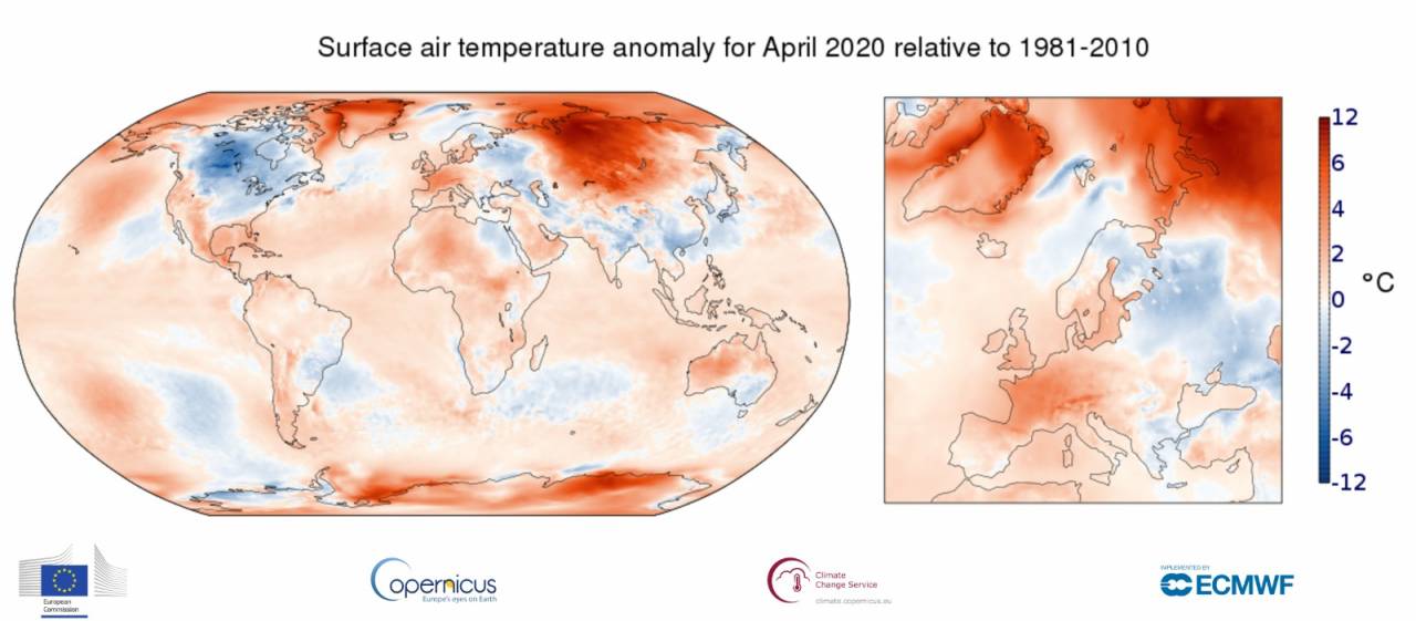 Aprile 2020: anomalie termiche (Fonte: ERA5. Copernicus Climate Change Service / ECMWF)