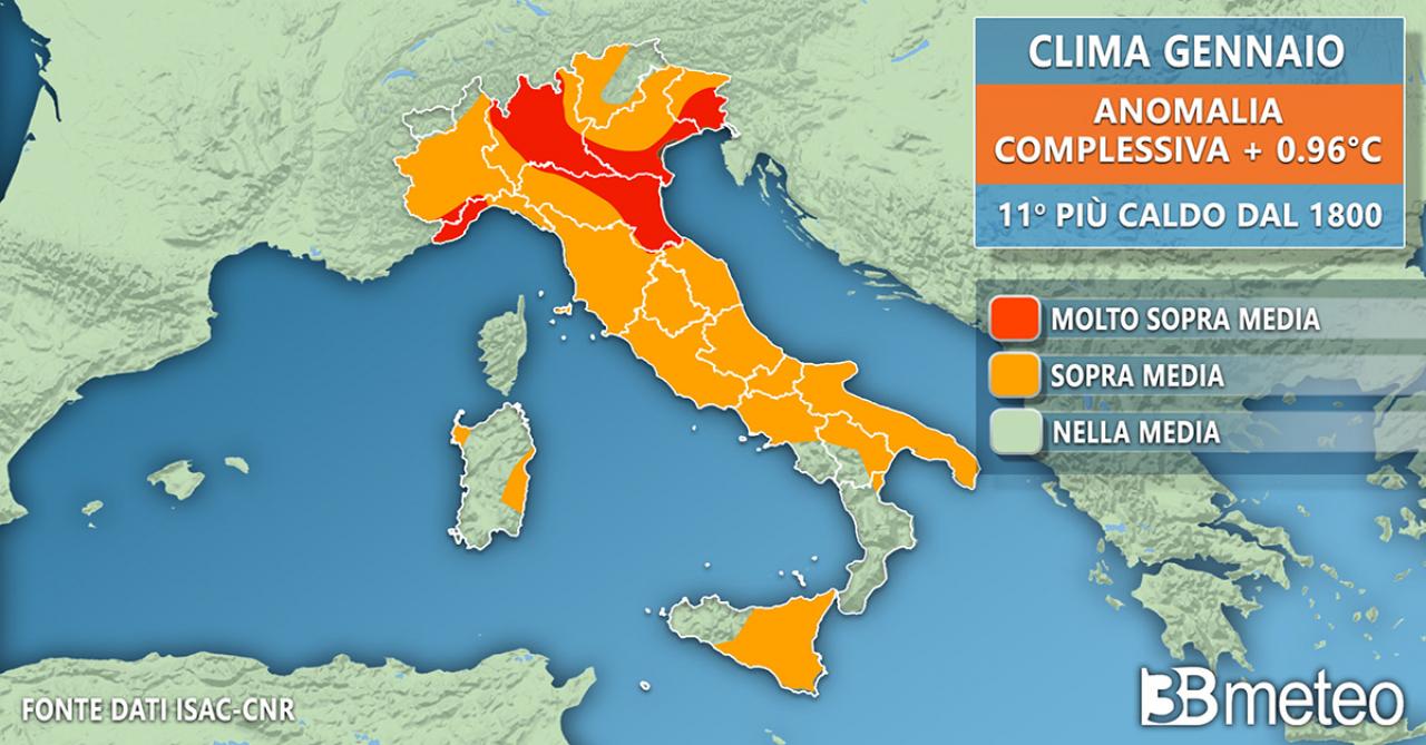 Clima Italia: la distribuzione delle anomalie termiche a gennaio, fonte Isac-Cnr.