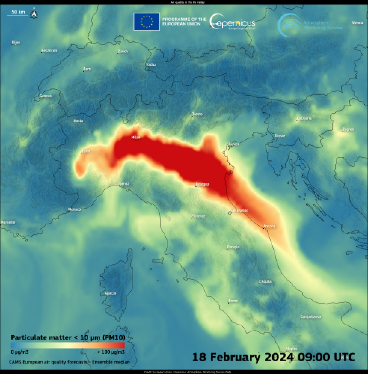 Concentazione di PM10 in Pianura Padana domenica 18 febbraio. Fonte Copernicus