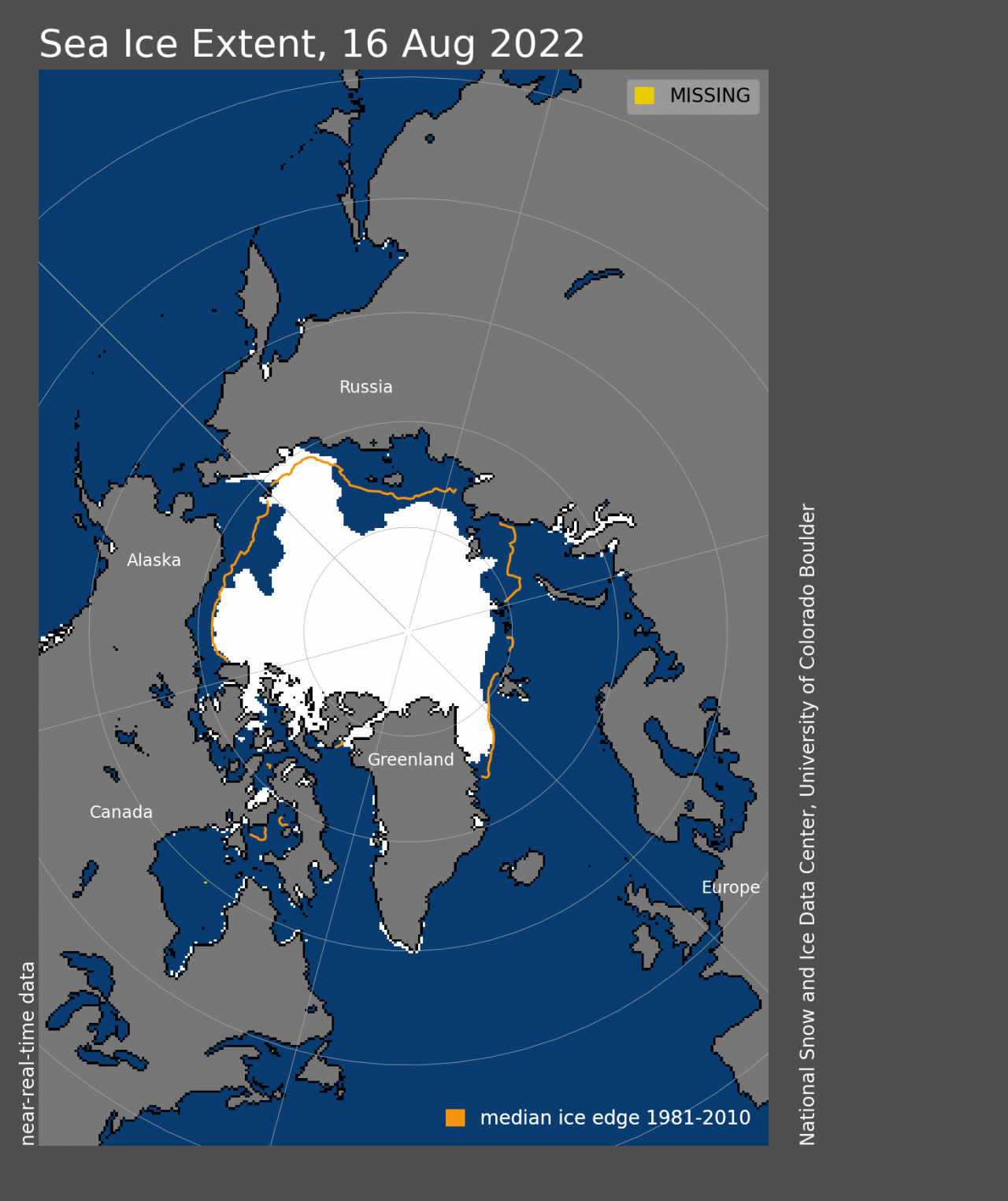 Estensione del ghiaccio marino artico il 16 agosto 2022 (Fonte: National Snow and Ice Data Center)
