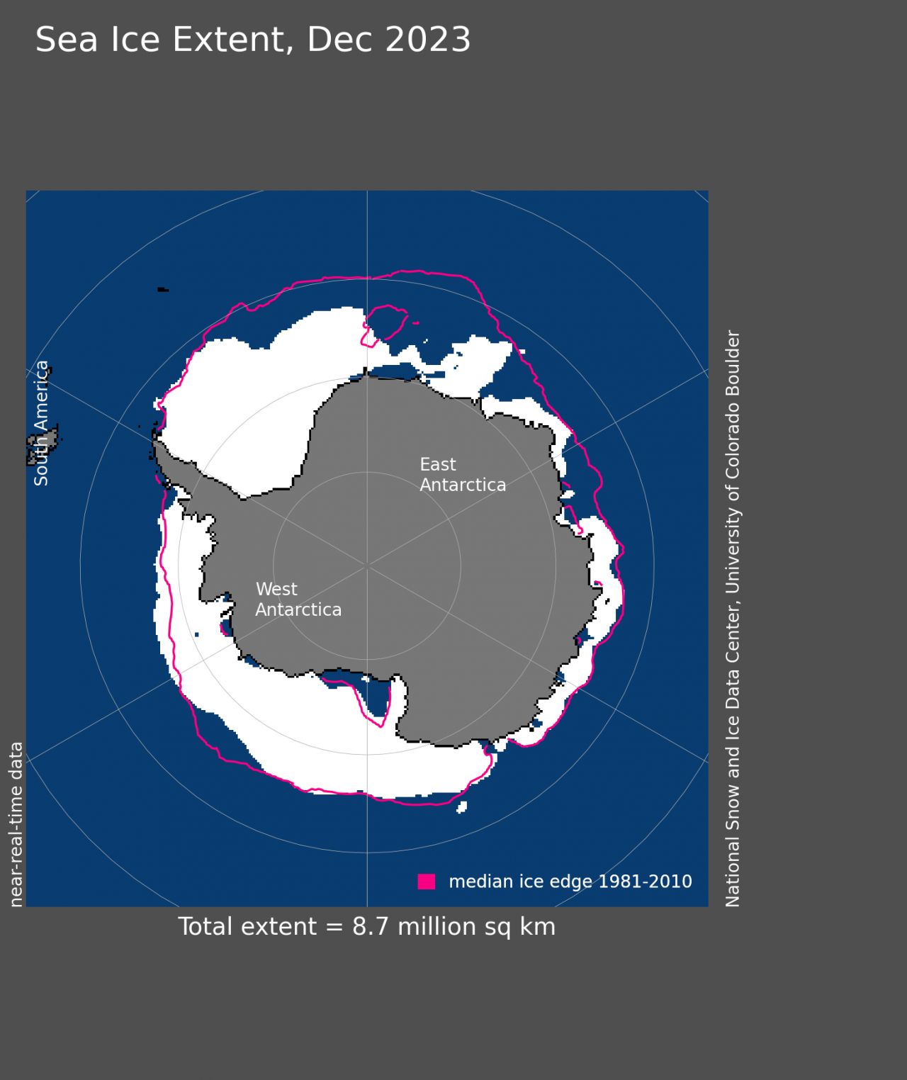 Estensione del pack antartico in relazione alla media, riferita a dicembre 2023. Fonte dati NSIDC