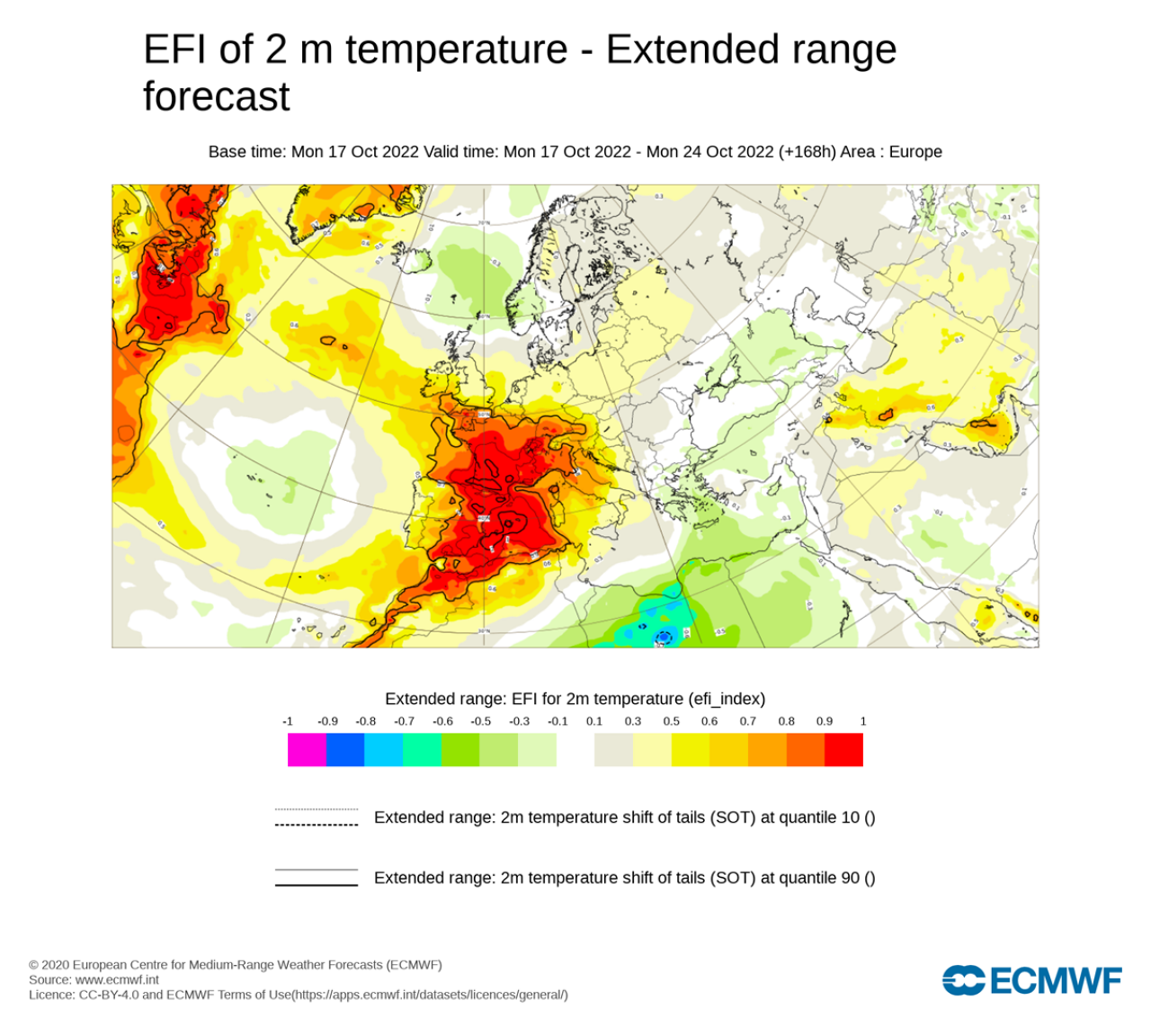 Extreme Forecast Index di Ecmwf mostra valori di temperature insolite o estreme avvicinandosi al valore 1