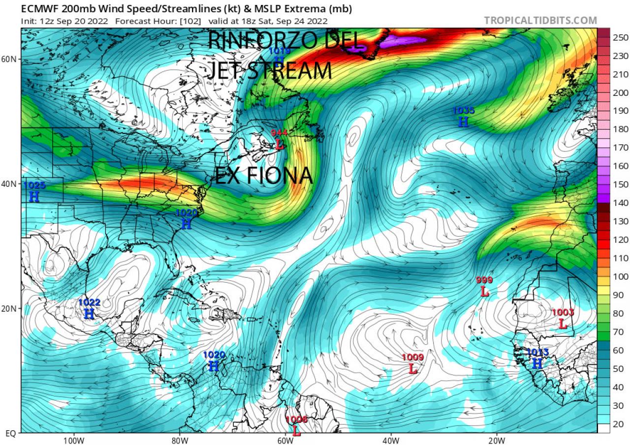 Fiona andrà ad incidere sul jet stream nella sua fase di transizione extratropicale