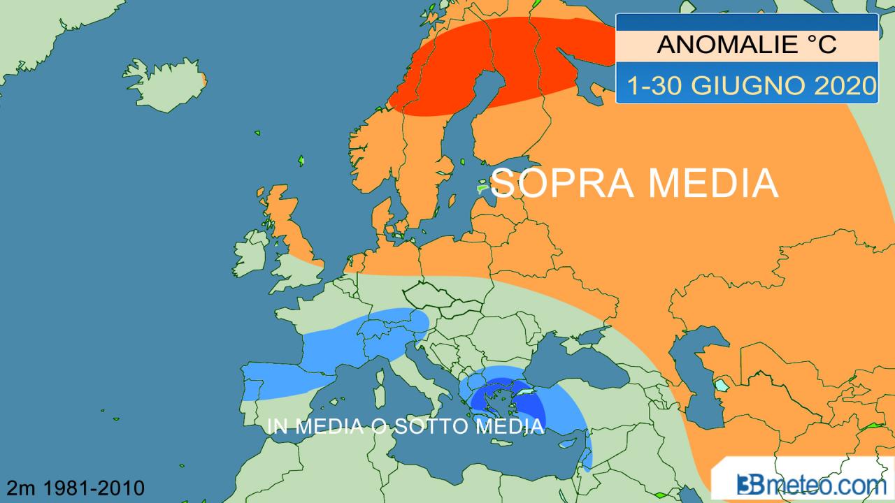giugno, anomalie temperature a 2m riscontrate in Europa