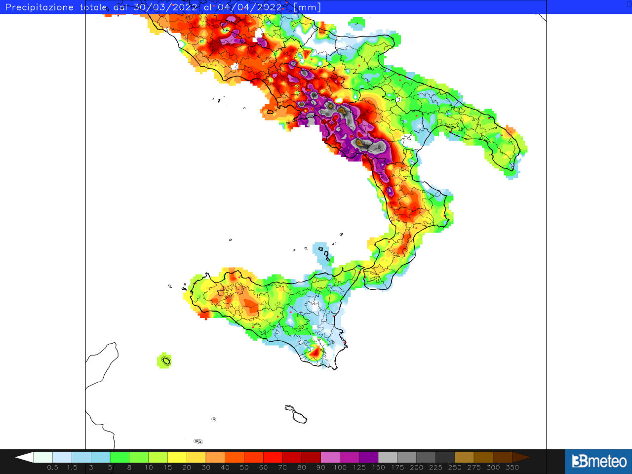 Gli accumuli pluviometrici complessivi tra il 30 marzo e il 4 aprile al Sud, rielaborazione 3bmeteo