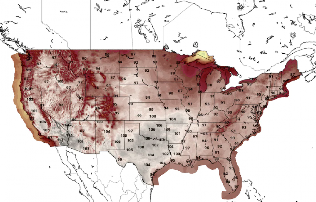 Gran caldo negli USA, massime oltre i 100°F - fonte: pivotal weather 