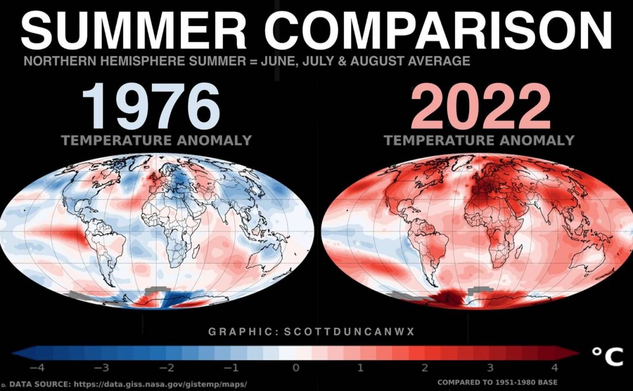 Il confronto tra le anomalie termiche del 1976 con quelle del 2022. Fonte NOAA