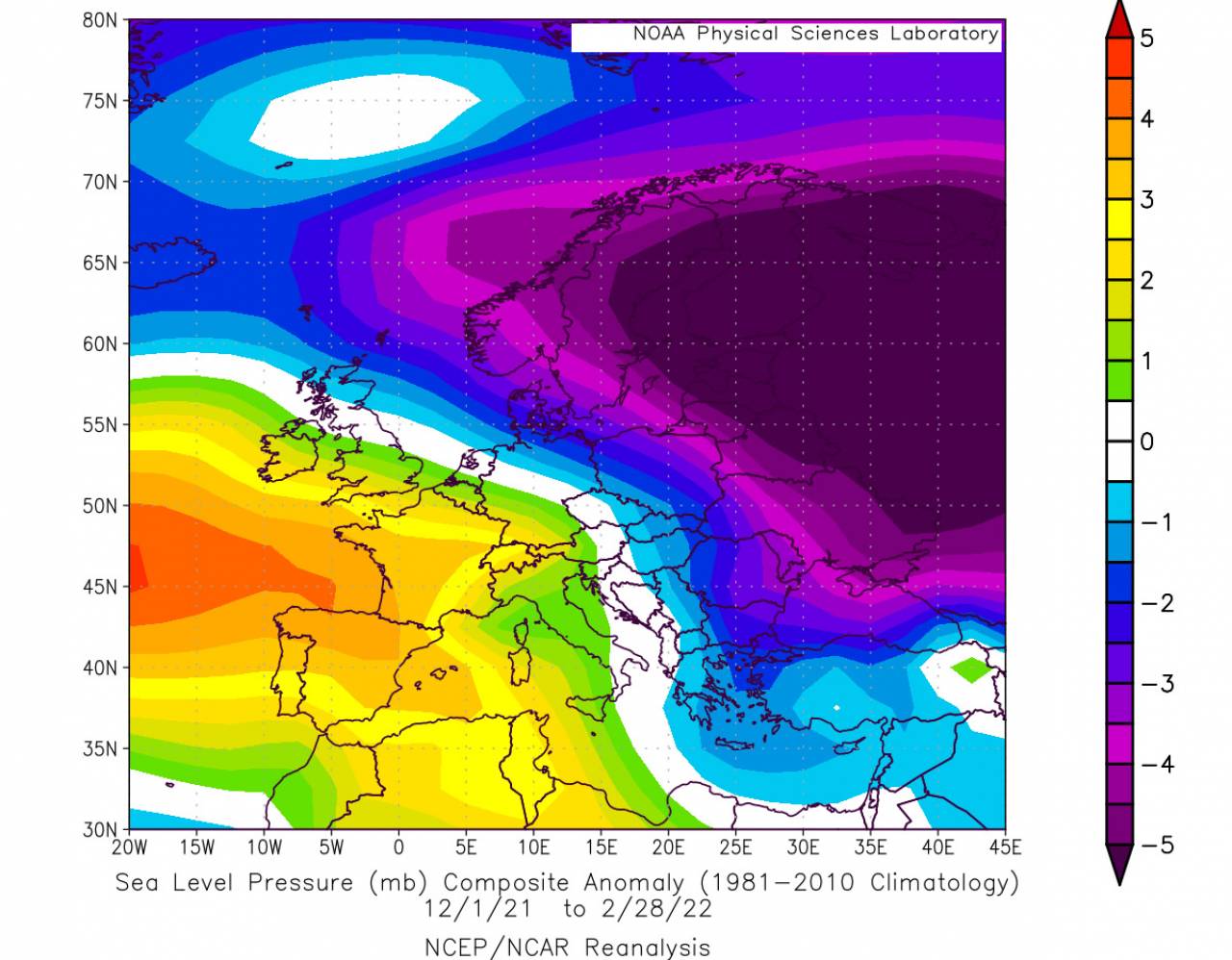 inverno 2021-22, anomalie di pressione fonte Noaa