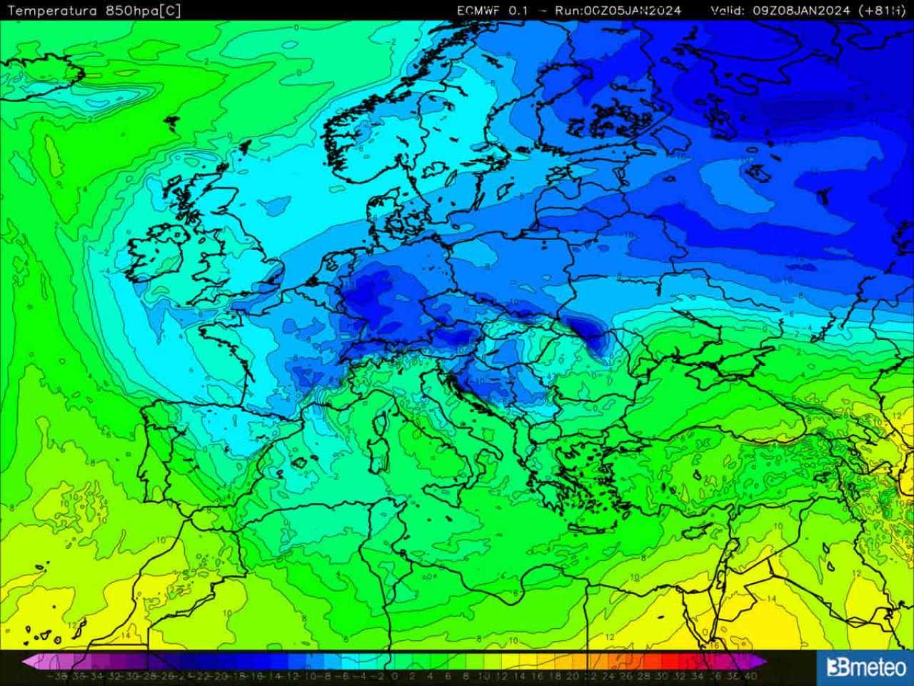 l'aria artica si porta verso l'Italia secondo una normale irruzione invernale